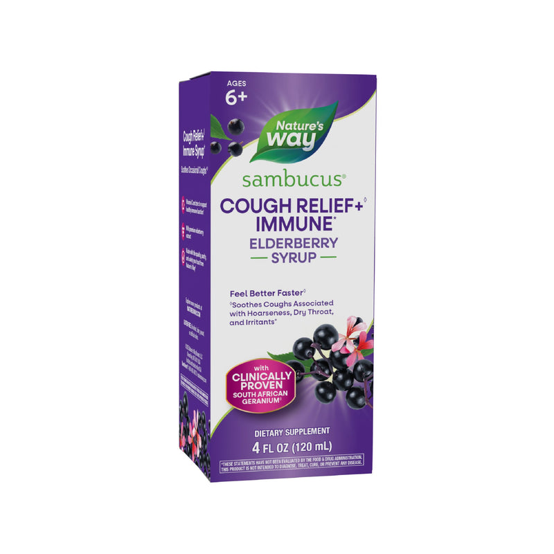 Nature's Way Sambucus Cough Relief +(1) Immune* Syrup, Vegan, 4 fl oz | Feel Better Faster(1) Clinically Proven South African Geranium, with Elderberry Extract, Vitamin C & Zinc 4 Ounce