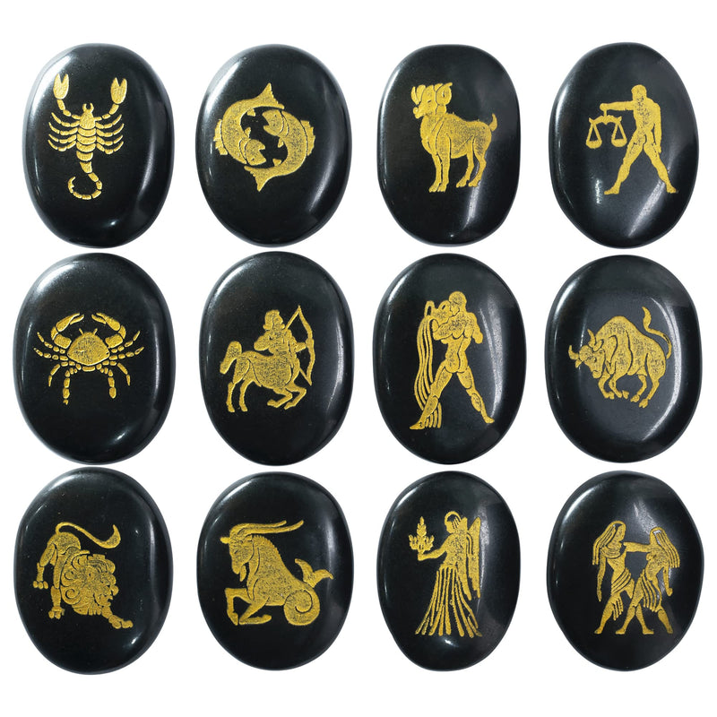 Crocon Black Agate Zodiac or Horoscope Symbols Engraved Stones (Set of 12) | Wicca Reiki Healing Crystals Meditation Balancing Gemstone Good Luck Pocket Stone Spiritual Love Crystal Sun Sign Gift. Zodiac stones