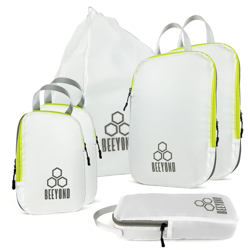 Beeyond Compression Packing Cubes Set - 6 Pieces for Travel and Luggage Organization, Includes Large & Small Cubes, Accessories Bag, and Laundry Bag White & green (6 Pieces)