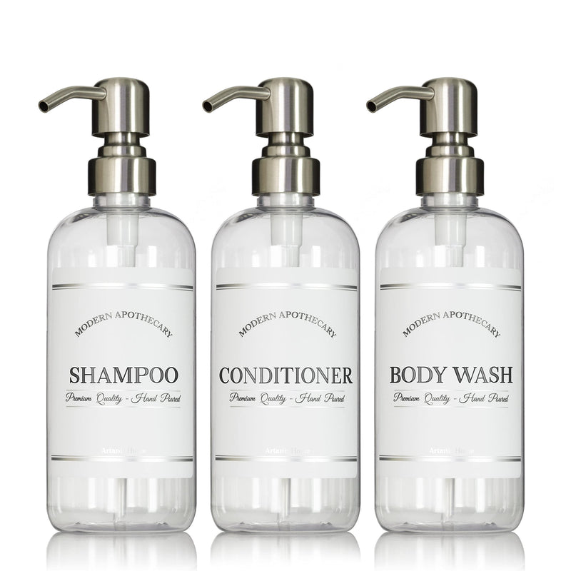 Clear Refillable Shampoo and Conditioner Bottles - Body Wash, Shampoo and Conditioner Dispenser - PET Plastic Shampoo Bottles Refillable with Pump - Waterproof Labels - 16 oz, 3 Pack (Stainless Steel) Stainless Steel Pumps