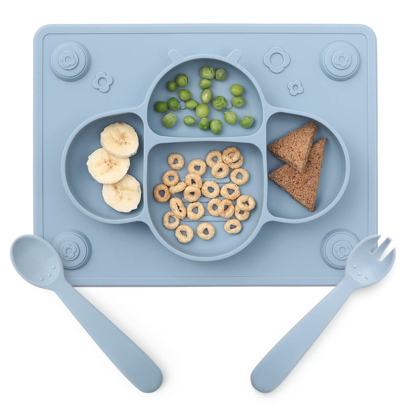 [Australia] - ROCCED Suction Plates for Baby placemat Spoon Fork Set for Toddlers, Silicone Baby Plates with Suction Baby Dishes for Kids Plates-Dusty blue Dark Blue 
