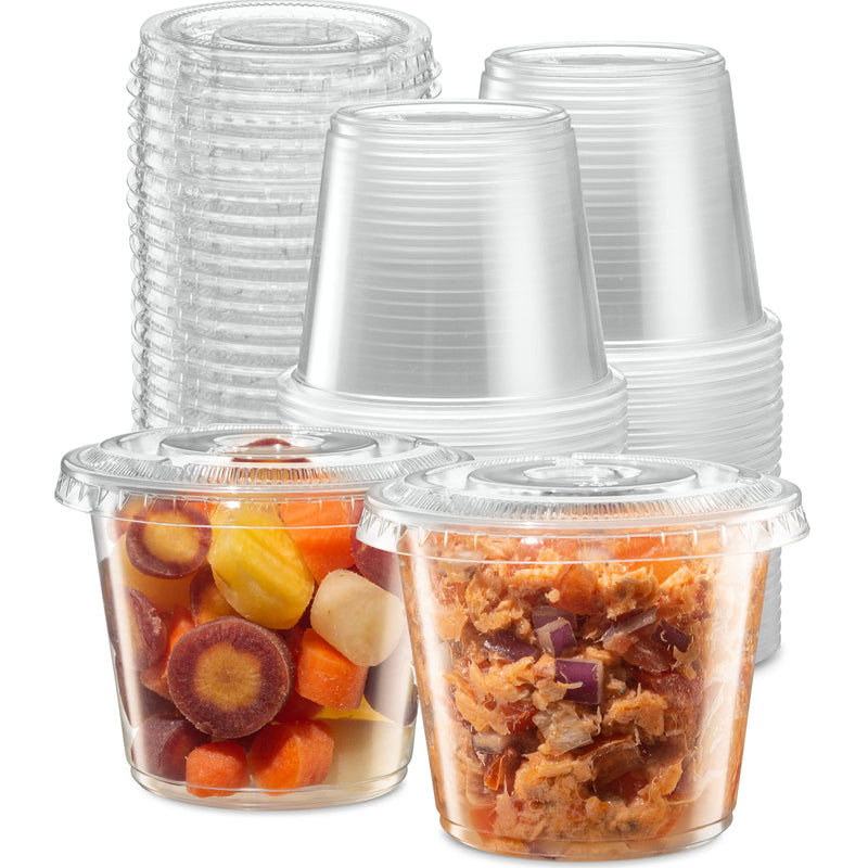 [Australia] - (5 oz - 100 Sets) Clear Diposable Plastic Portion Cups With Lids, Small Mini Containers For Portion Controll, Meal Prep, Sauce Cups, Slime, Medicine, Dressings, Crafts, Disposable Souffle Cups 5 Ounce 