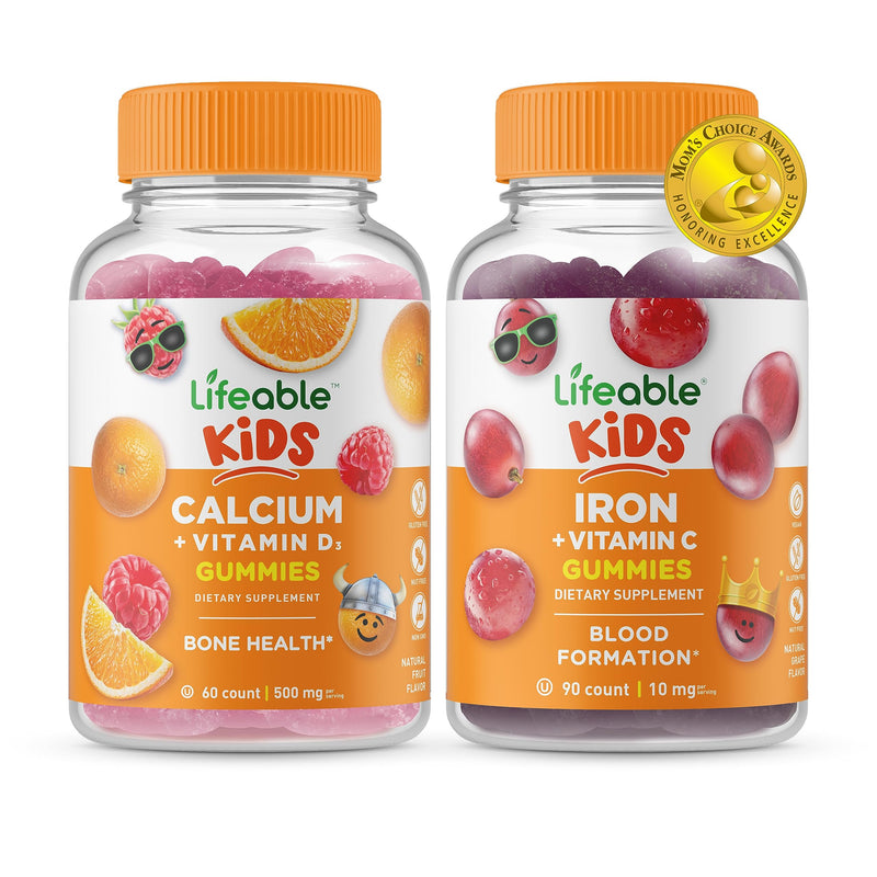 Lifeable Calcium with Vitamin D Kids + Iron & Vitamin C Kids, Gummies Bundle - Great Tasting, Vitamin Supplement, Gluten Free, GMO Free, Chewable Gummy