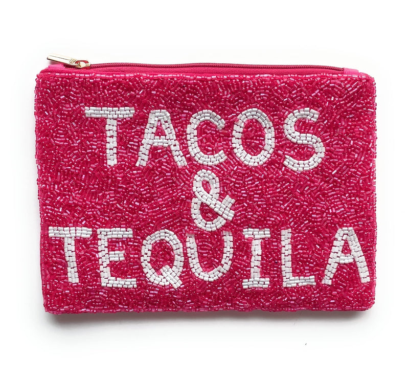 Twine and Love TACOS AND TEQUILA Large Beaded Pouch, Beaded Purse, Make Up Purse, Beaded Pouches, Birthday Best Friend Gift, Cosmetic Bag, Tacos and Tequila Beaded Pouch, Pink