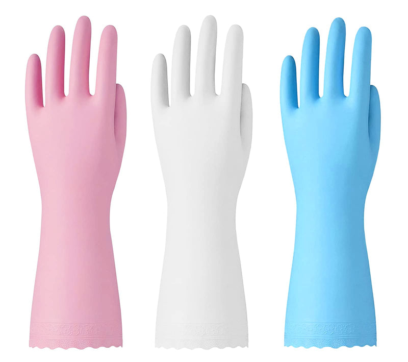 [Australia] - Bamllum Rubber Cleaning Gloves - 3 Pairs Latex Free Kitchen Cleaning Gloves with Cotton Liner- Household Dishwashing Gloves, Non- Slip Waterproof (Medium, Blue+Pink+White) Medium 