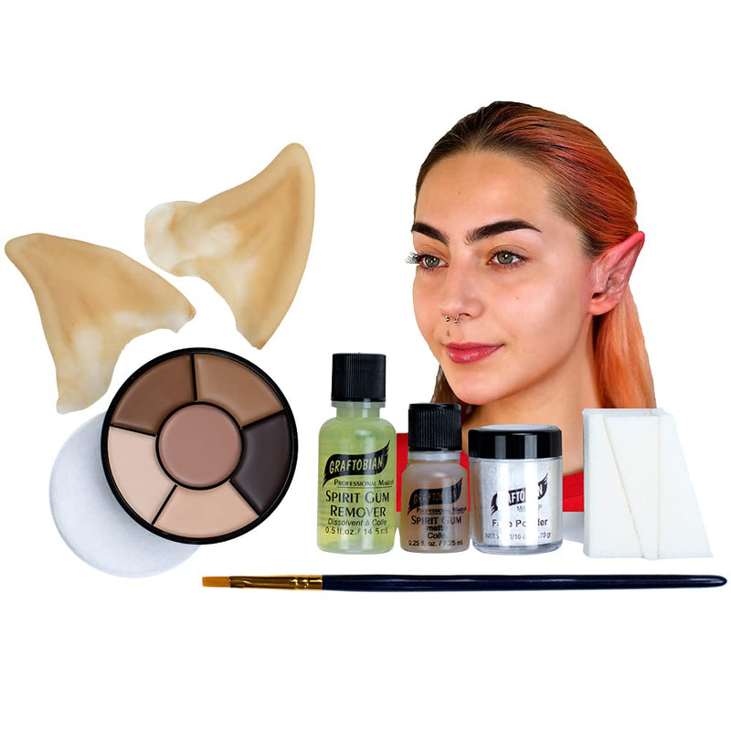 [Australia] - Graftobian Elf Ear Complete Makeup Kit - Elf Ears with Spirit Gum Adhesive and Skin Tone Makeup - for Cosplay, Halloween Costumes, & Theater - Full Color Instructions 