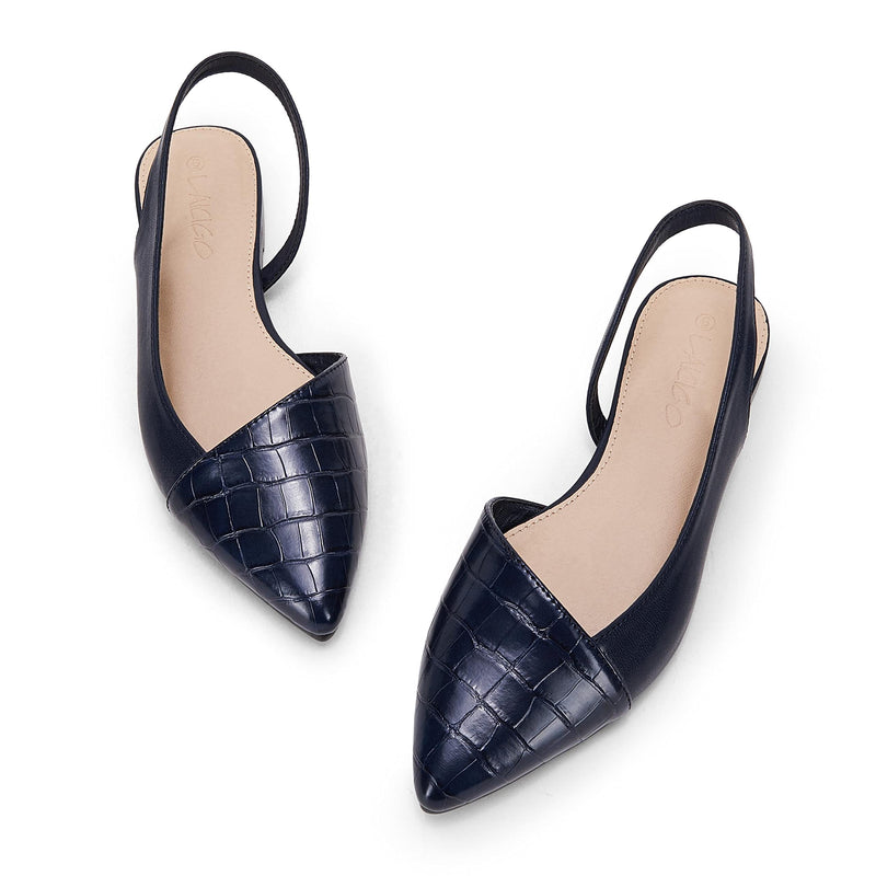 LAICIGO Women's Closed Pointed Toe Flats Slingback Low Heel Slip-on Cutout Animal Print Backless Mules Sandals 6.5 Navy