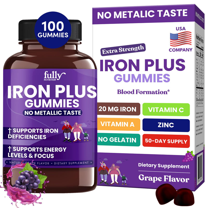 Iron Gummies Supplements for Women, Men and Kids – Health Blood & Energy Support for Iron Deficiency, Anemia, No After Taste- Fresh Grape Flavor- 100 Gummies (50 Days Supply) 100 Count (Pack of 1)