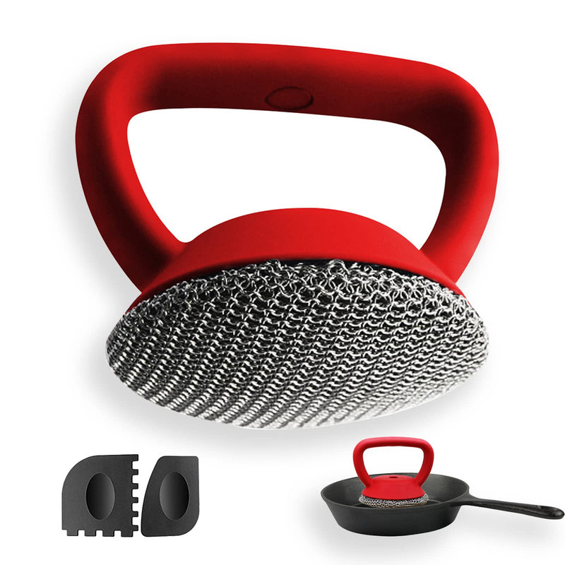 [Australia] - Cast Iron Scrubber, Cast Iron Skillet Cleaner+2 Pan Grill Scrapers Chain Mail to Clean Cast Iron Chain Mail Scrubber Cast Iron Chainmail Scrubber for Cast Iron Skillet (Red) Red 