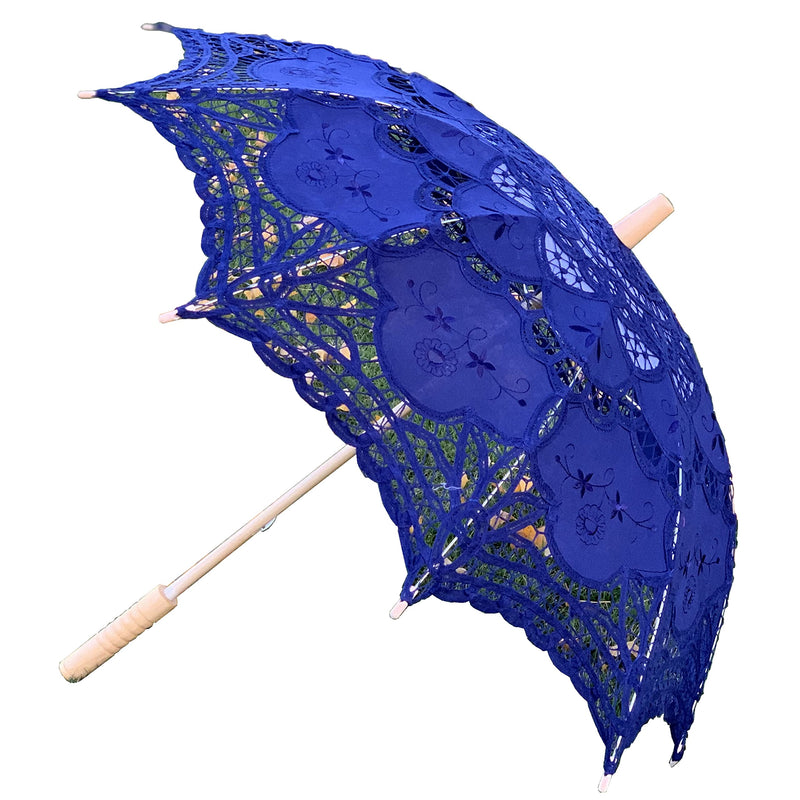 Lace Parasol Umbrella Wedding Cotton Fashion Wooden Handle Decoration Umbrella Photo Lady Costume Adult Size (royal blue) royal blue