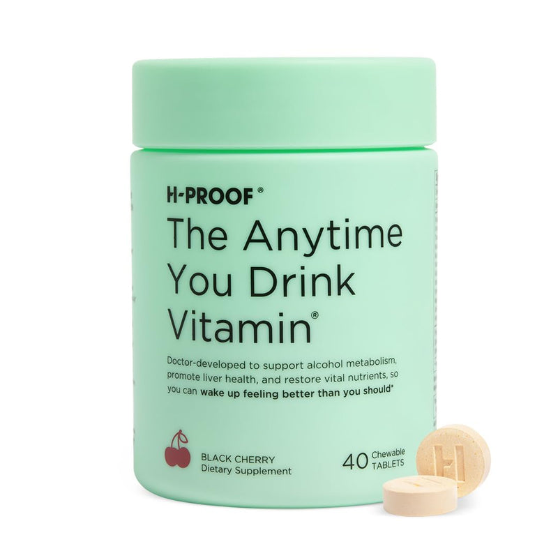 H-PROOF The Anytime You Drink Vitamin, Black Cherry, 40 Chewable Tablets | 20 Servings, Supports Liver Health, Replenishes Electrolytes for Hydration, DHM, Milk Thistle, L-Glutathione, Vitamins B & C
