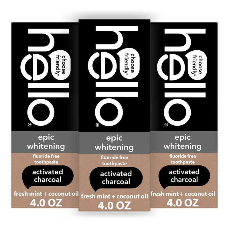 [Australia] - Hello Activated Charcoal Toothpaste, Fluoride Free with Activated Charcoal, Teeth Whitening Toothpaste with Fresh Mint and Coconut Oil, No SLS, Vegan, Gluten Free, 3 Pack, 4 OZ Tubes 4 Ounce (Pack of 3) 