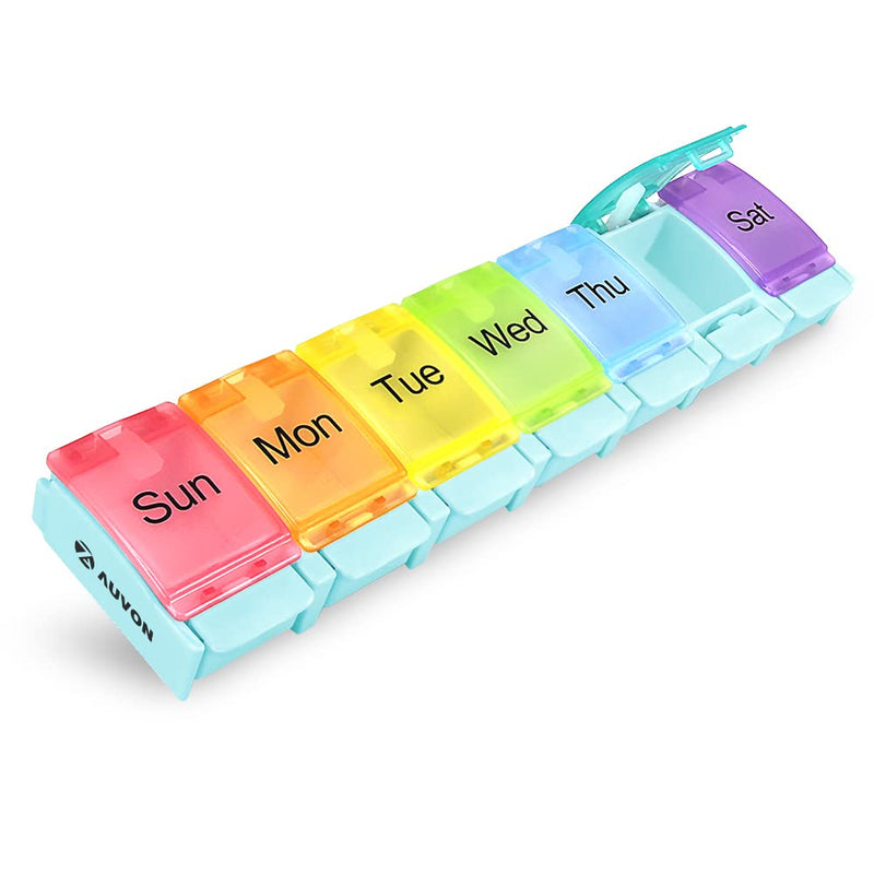 AUVON Weekly Pill Organizer Arthritis Friendly, BPA Free Travel 7 Day Pill Box Case with Spring Open Design and Large Compartment to Hold Vitamins, Cod Liver Oil, Supplements and Medication Light Blue