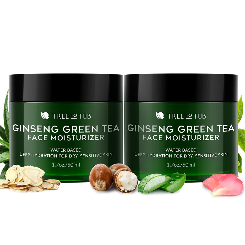 Tree To Tub Hydrating Face Moisturizer for Dry & Sensitive Skin - Water Based Hyaluronic Acid Facial Moisturizer, Vitamin C & E Face Cream for Women & Men w/Organic Aloe, Green Tea, Natural Ginseng Ginseng Green Tea 1.7 Ounce (Pack of 2)