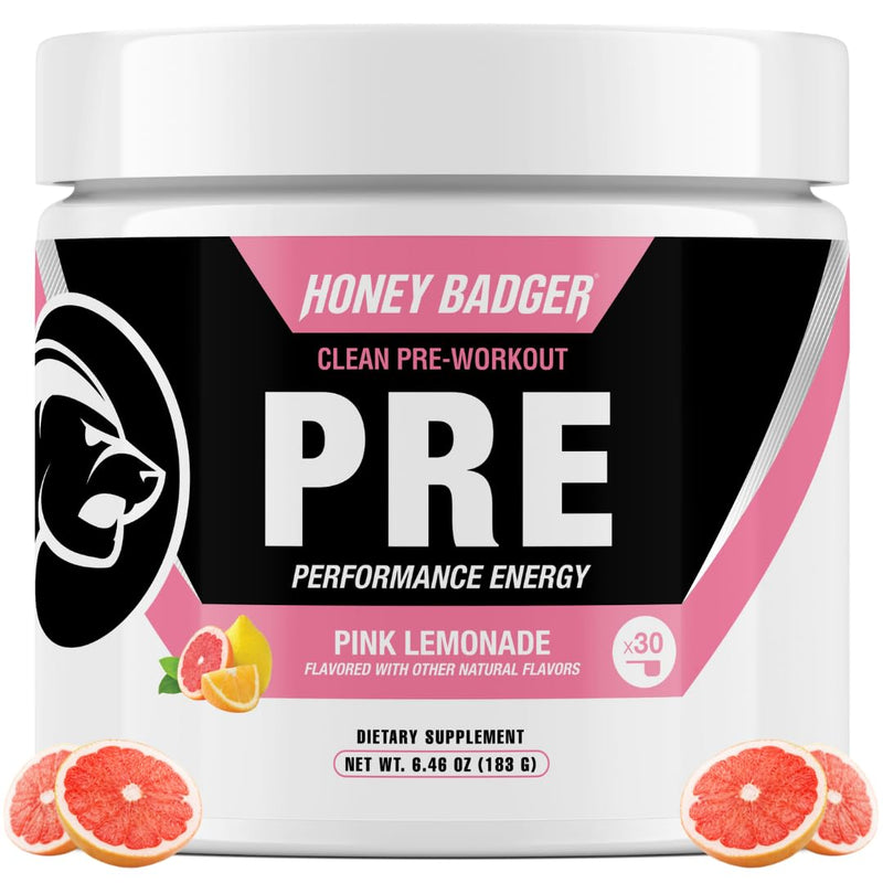 [Australia] - Honey Badger Pre Workout Powder, Keto Vegan Preworkout for Men & Women with Vitamin C for Immune Support, Beta Alanine & Caffeine, Sugar Free Natural Energy Supplement, Pink Lemonade, 30 Servings 
