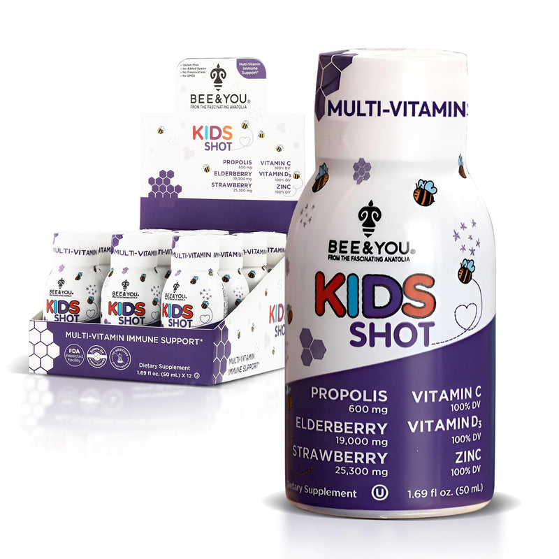 BEE and You Kids Immune Support Supplement, 100% Natural Propolis, Vitamin C, Elderberry, Raw Honey, Antioxidants, Alternative to Gummies, Great Taste, 12 Pack, 1.69 fl. oz Each