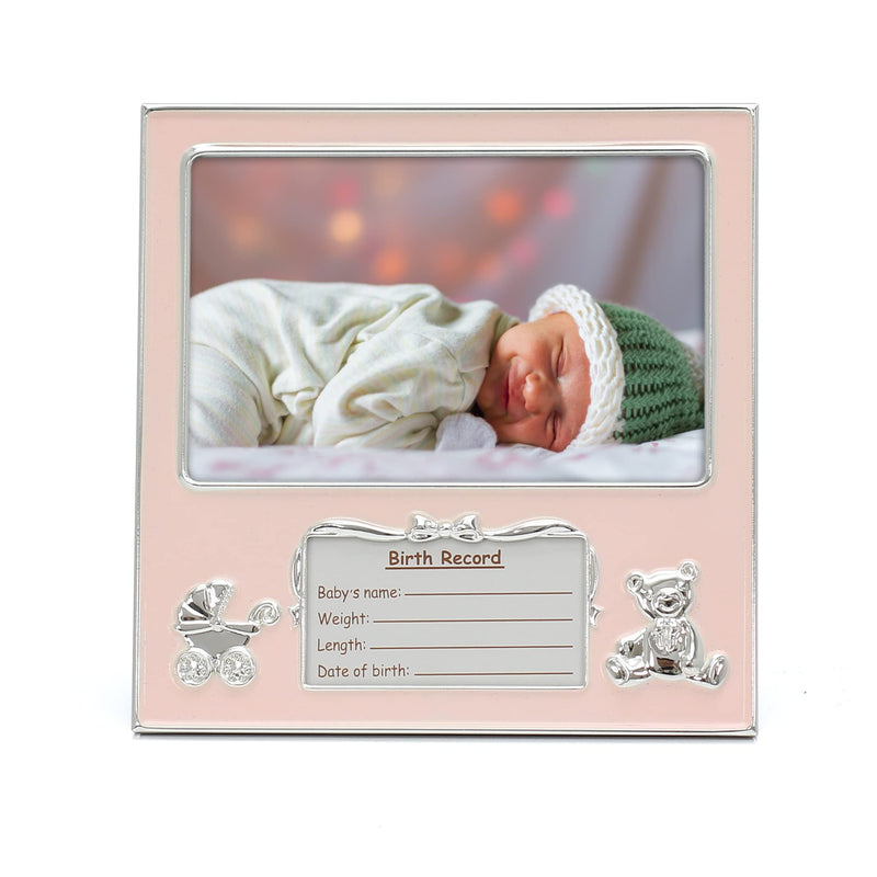 [Australia] - MIMOSA MOMENTS Bear and Pram Silver-tone Metal Baby Girl Picture Frame with Birth Details Tag (4x6 horizontal, Silver-tone & Pink) 4x6" horizontal 