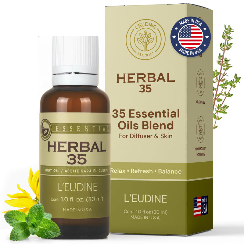 L’EUDINE Herbal 35 Essential Oil Blend - 35 Natural Extracts with Peppermint, Eucalyptus & Lavender - Relaxing Aromatherapy Oil for Diffuser, Massage & Stress Relief - Vegan & Pure Wellness, 1 Fl Oz 1 Fl Oz (Pack of 1)