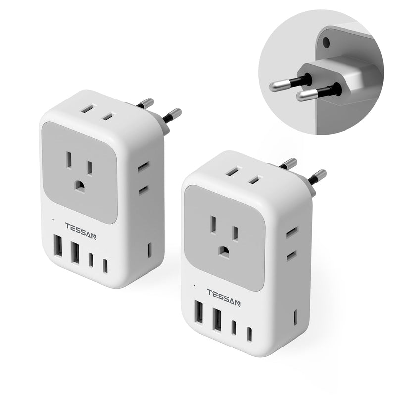 TESSAN European Travel Plug Adapter, Foldable EU Plug, PD 28W | 4 AC Outlets & 5 USB Ports (3 USB-C), Type C Power Adapter for Italy France Germany Spain Greece Iceland White grey-Type C(3 USB C 28W)