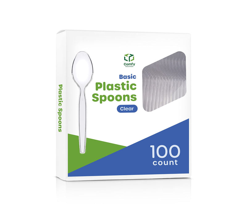 [Australia] - Comfy Package [100 Pack] Heavy Duty Disposable Clear Plastic Spoons - Plastic Silverware, Basic Cutlery for Parties, Events, and Everyday Use 