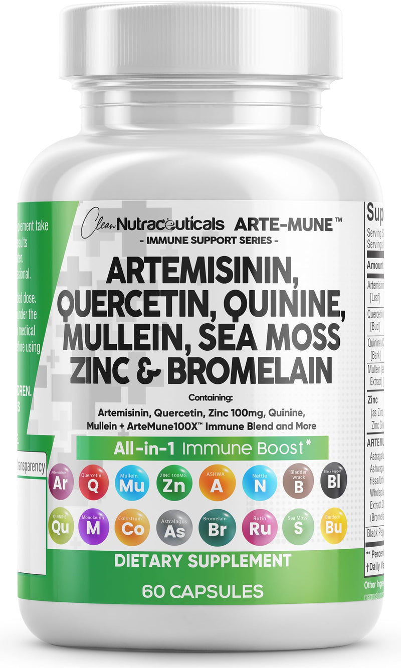 [Australia] - Clean Nutraceuticals Artemisinin 2500mg Quercetin 1000mg Zinc 100mg Mullein Quinine Supplement with Sea Moss Bromelain Ashwagandha Root Nettle Leaf Bladderwrack Burdock Root Monolaurin Colostrum Rutin 