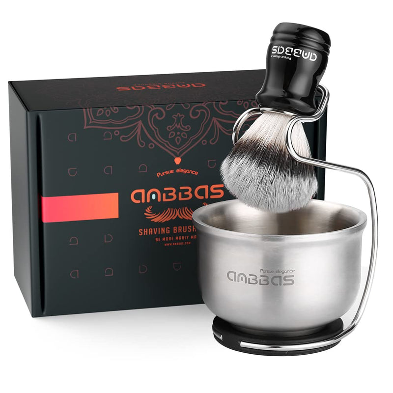[Australia] - Anbbas Synthetic Badger Hair Shaving Brush,Stainless Steel Shaving Soap Bowl and Higher Brush Holder Stand Set for Men Wet Shave Silver-upgraded 