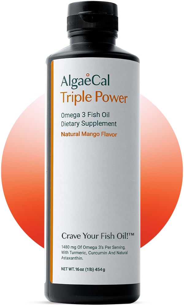 ALGAECAL Triple Power Omega 3 Fish Oil Liquid for Joints, 1200mg, 16 oz | EPA DHA liquid fish oil with turmeric curcumin & astaxanthin for joint support & healthy inflammatory response. Mango flavor. 29 Count (Pack of 1)