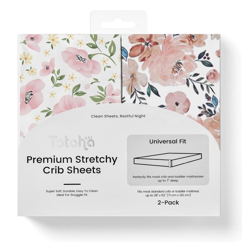 [Australia] - TotAha Premium Stretchy Crib Sheets (2-Pack)-Hypoallergenic, Silky Comfort, Buttery Soft, Calming Effect, All-Season Jersey-Knit Sheets, 9'' Extra Deep Pocket(Meredith Allover Floral & Pale Pink) Meredith Allover Floral & Pale Pink Flowers 