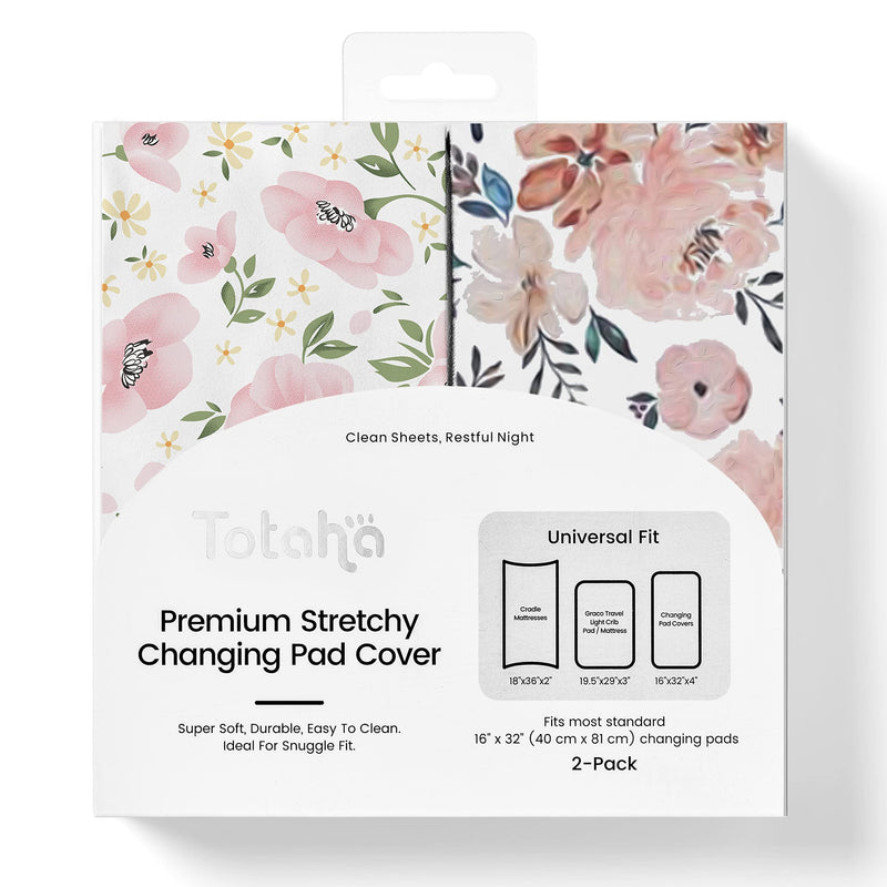 [Australia] - TotAha Premium Stretchy Changing Pad Covers (2-Pack) Hypoallergenic, Silky Comfort, Buttery Soft, Calming Effect, All-Season Jersey-Knit 5'' Deep Pocket(Meredith Allover Floral & Pale Pink Flowers) Meredith Allover Floral & Pale Pink Flowers 