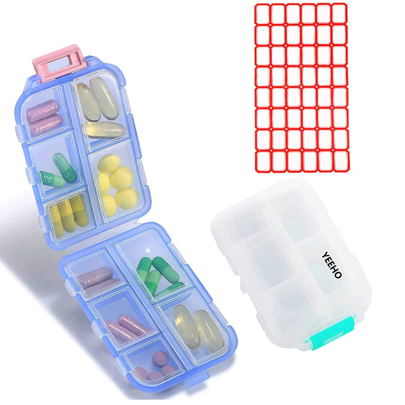 Pill Case (2 Pack) - Portable Small Supplements Tablet Container Box with 10 Compartments - Medicine Vitamin Organizer Dispenser Holder Storage for Travel Trip Pocket Purse(Blue+White) Blue+white
