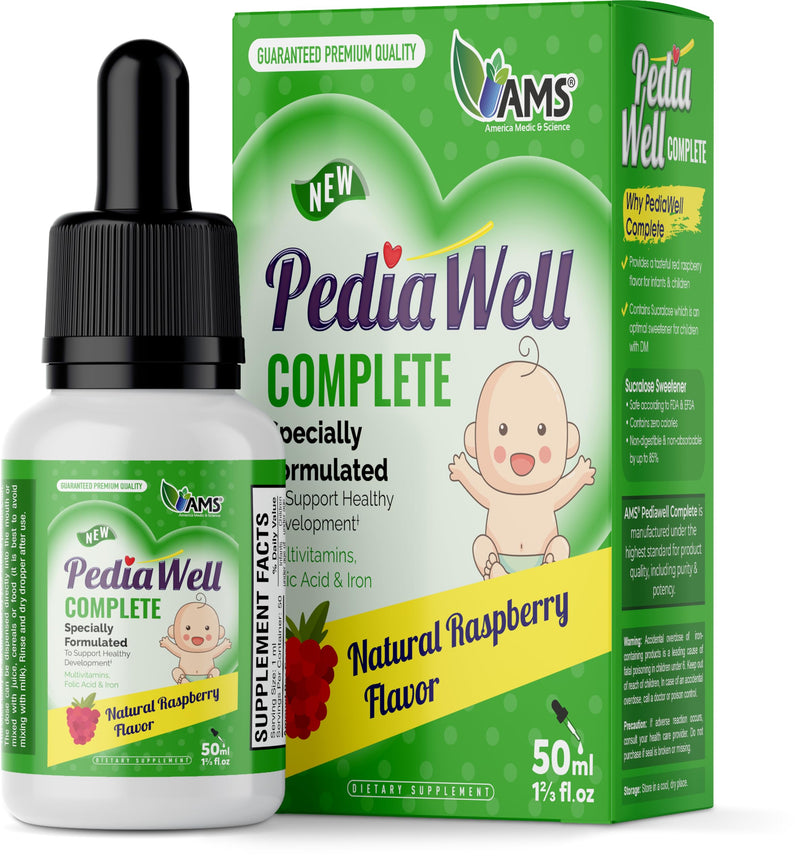 America Medic & Science PediaWell Complete (50mlL) | Liquid Multivitamin for Kids | Iron Supplement with Vitamins A and C for Babies and Toddlers | Vitamin Drops for Enhanced Growth and Development Complete, Natural Raspberry