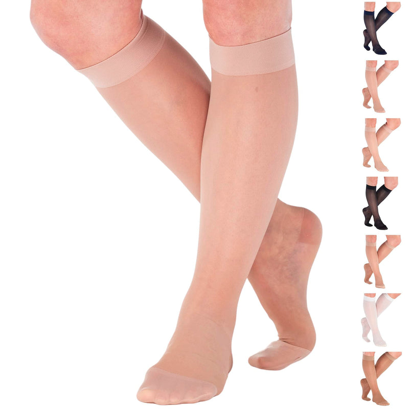 [Australia] - ABSOLUTE SUPPORT Made in USA - Sheer Graduated Support Opaque Compression Knee High Socks for Women 15-20mmHg | For Airplane, Flight, Travel Circulation - Nude, Medium - ATRAVEL101NU2 