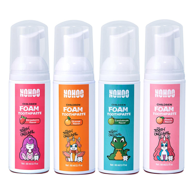 [Australia] - NOHOO Fluoride Free Foam Toothpaste Kids Fruit Flavour,Natural Training Toothpaste for Baby Toddler Children Oral Cleaning and Cavity Protection Strawberry Orange Peach Cantaloupe Strawberry+Orange+Peach+Cantaloupe 2.1 Fl Oz (Pack of 4) 