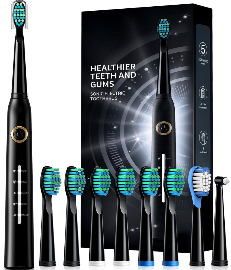 [Australia] - Electric Toothbrush for Adults with 8 𝐁𝐫𝐮𝐬𝐡 𝐇𝐞𝐚𝐝𝐬, Sonic Electric Toothbrush with 40000 VPM Deep Clean 5 Modes, Rechargeable Toothbrushes Fast Charge 4 Hours Last 30 Days Black 