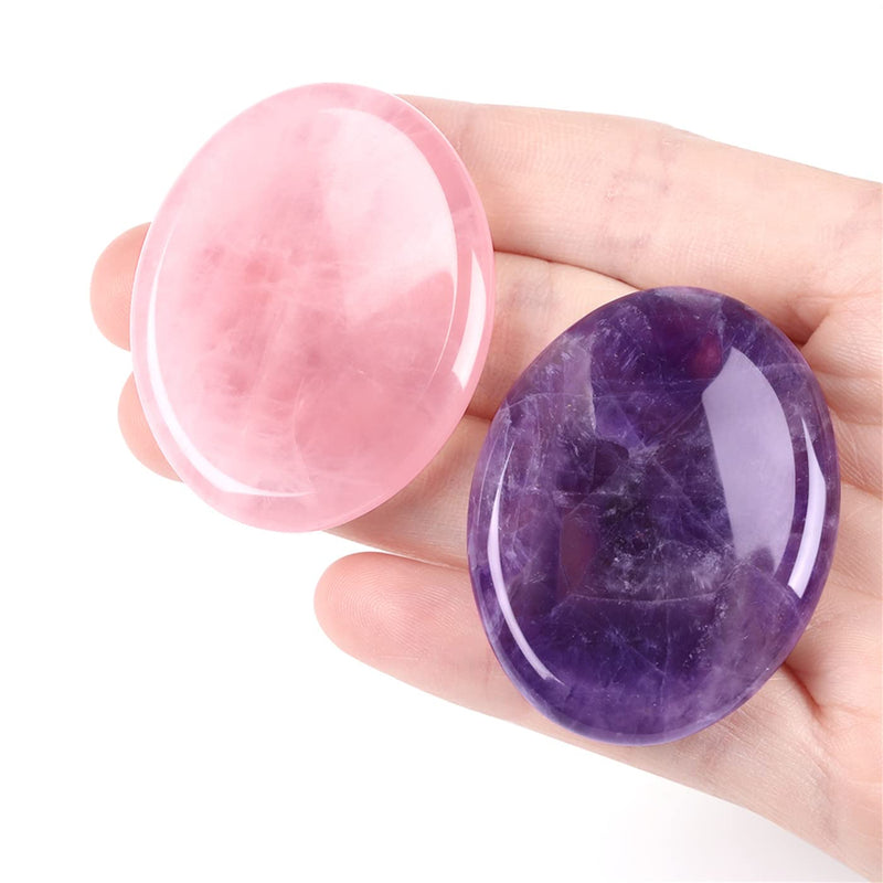 [Australia] - Thumb Worry Stone for Anxiety Healing Crystals Sets 2PCS Amethyst Rose Quartz Hand Carved Stones Gemstone Pocket Natural Stone Meditation Reiki Oval Shaped Palm Stone Therapy 1-amethyst+rose Quartz 