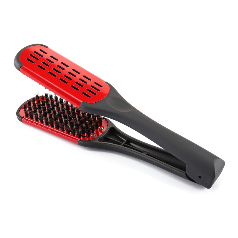 [Australia] - Aethland Double Sided Brush Clamp Straightener, Boar Bristles Clamp Hair Straightening Brush With Detangler - Hair Styling Tool #03 Red 