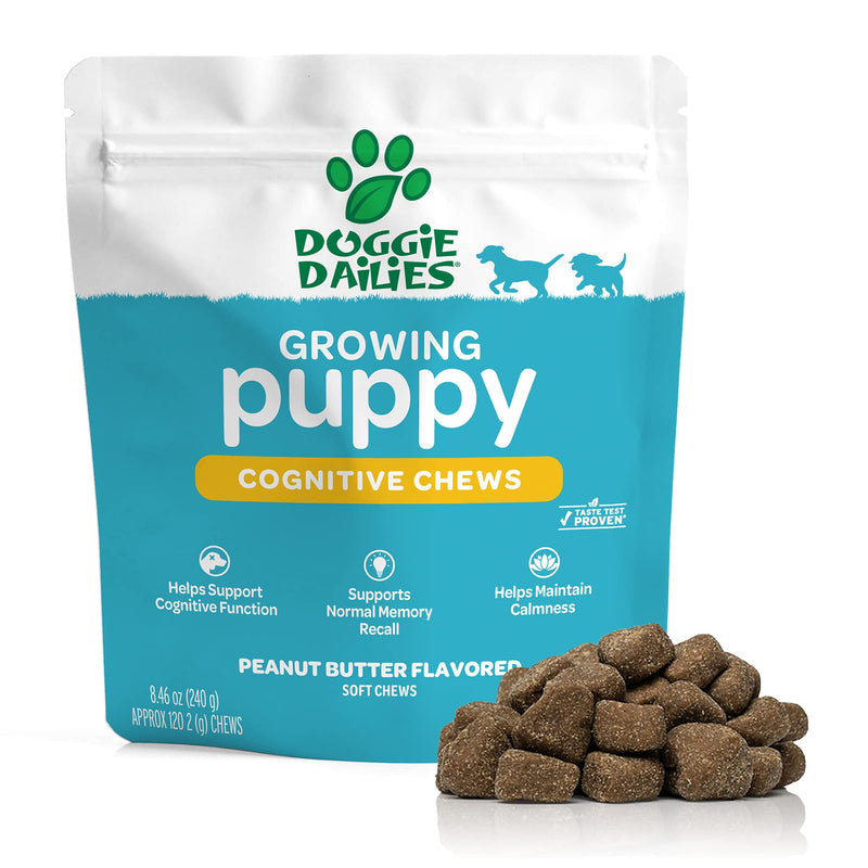 Doggie Dailies Cognitive Puppy Chews | Puppy Vitamins with DHA, Selenium, Organic Ashwagandha & Antioxidants to Support Brain Health, Nervous System Function & Promote Calmness | 120 Soft Chews - PawsPlanet Australia