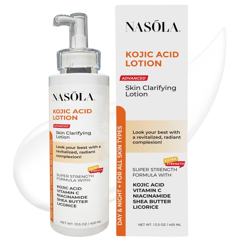 Nasola Kojic Acid Lotion Natural Skin Clarifying for Face & Body with Vitamin C, Niacinamide, Shea Butter, Licorice & Green Tea for Complexion Revitalization, Body Lotion Women & Men 13.5 Fl Oz (Pack of 1)
