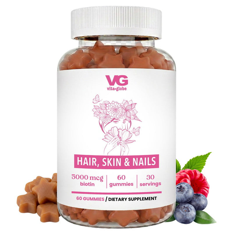 VITA GLOBE Hair Skin & Nails Gummies with Collagen 20mg + Biotin, Vegan | Hair, Skin & Nails Support, Vitamins A C D E B6, Non-GMO, Chewable Daily Vitamins, 60 Gummies 60 Count (Pack of 1)
