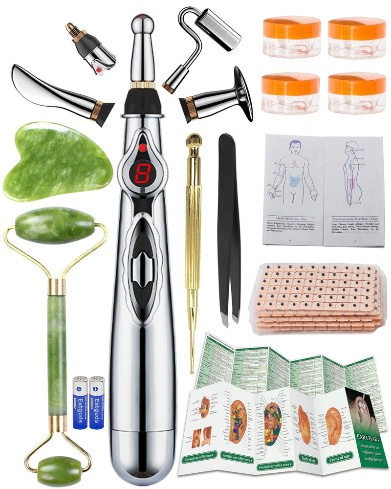 [Australia] - Acupuncture Super Set: 5-Head Electronic Acupuncture Pen+ Gua Sha Tool+600 Ear Seeds+ Retractable Acupuncture Pen+ 4 x Extra Massaging Gel+ Tweezers + Manual+ Batteries + 2 x Acupoint Chart Acupuncture Set(with Chart) 