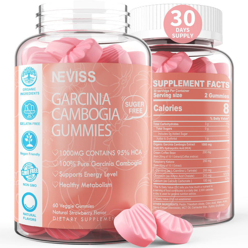 [Australia] - Sugar Free Garcinia Cambogia Gummies 1000mg 95% HCA with L-Carnitine, Raspberry Ketone, Chromium, Green Coffee Bean for Metabolism, Energy Boost, 100% Organic Extract, Vegan, Strawberry Flavor 60 Cts 60 Count (Pack of 1) 