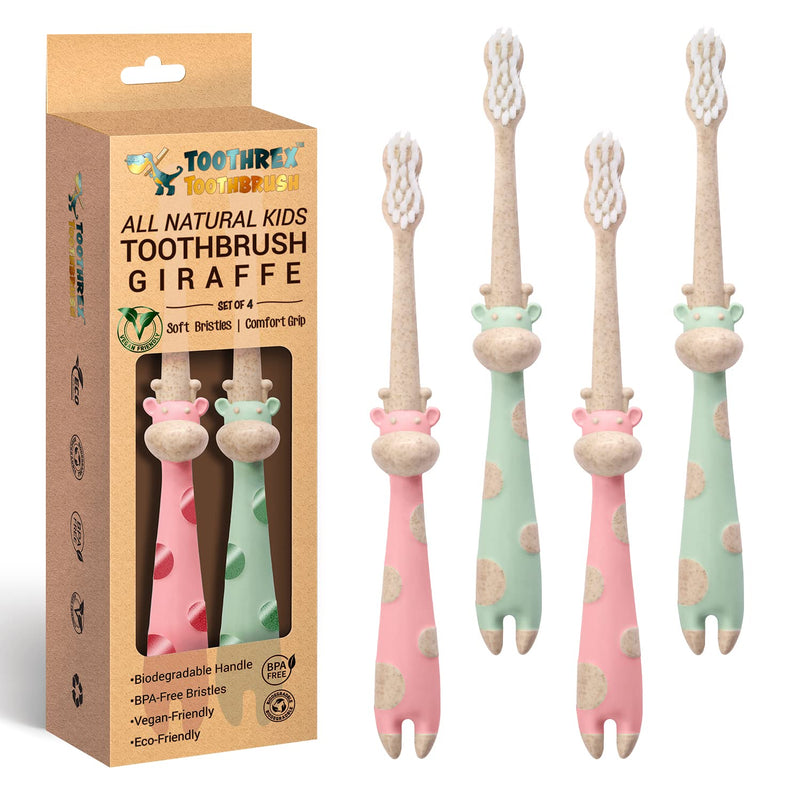 [Australia] - ROARex® All-Natural Eco Friendly Kids Toothbrush Made from Plants - Giraffe 4-36m - Baby to Toddler - Rose/Mint - 4pk | 1% for The Planet Product 4 Count (Pack of 1) Green,pink 