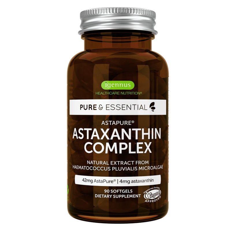 [Australia] - Astaxanthin Complex with Lutein and Zeaxanthin, Natural Algae Antioxidant for Eyes, Skin & Joints, Non-GMO 42 mg Astapure Providing H. Pluvialis Astaxanthin 4mg Softgels, Pure & Essential 