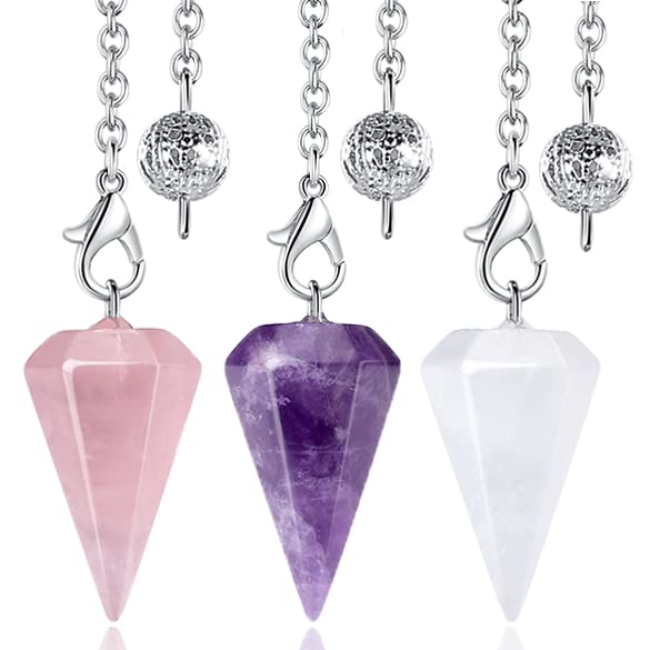[Australia] - DUQGUHO 3 Pcs Crystal Pendulums Set for Divination Dowsing Natural Amethyst Rose Quartz Clear Quartz Healing Crystal Quartz Reiki Gemstone Pendants Witchcraft Wiccan Accessories 01 Amethyst,rose Quartz,clear Quartz 