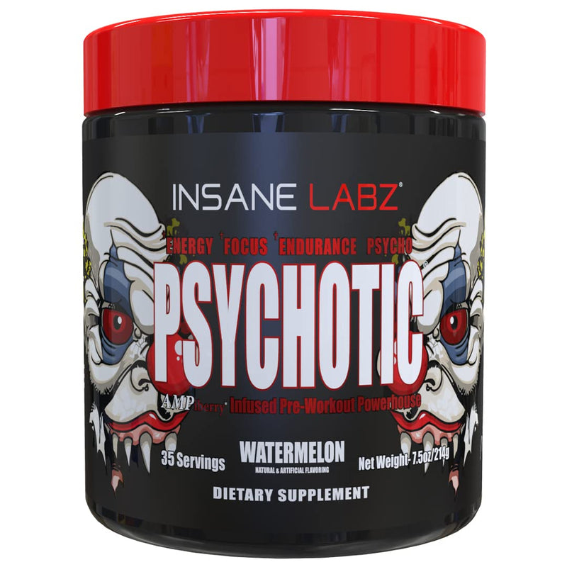 [Australia] - Insane Labz Psychotic, High Stimulant Pre Workout Powder, Extreme Lasting Energy, Focus and Endurance with Beta Alanine, Creatine Monohydrate DMAE, 35 Srvgs (Watermelon) Watermelon 13 Ounce (Pack of 1) 