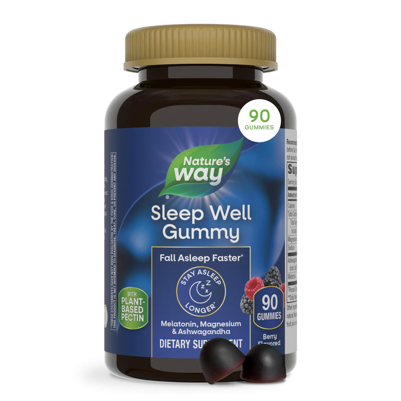 Nature's Way Sleep Well Melatonin Gummies, Adult Sleep Support Gummy*, 90ct | Fall Asleep Faster*, Sleep Support Gummy with Melatonin, Ashwagandha and Magnesium*, Berry Flavored 90 Count (Pack of 1)