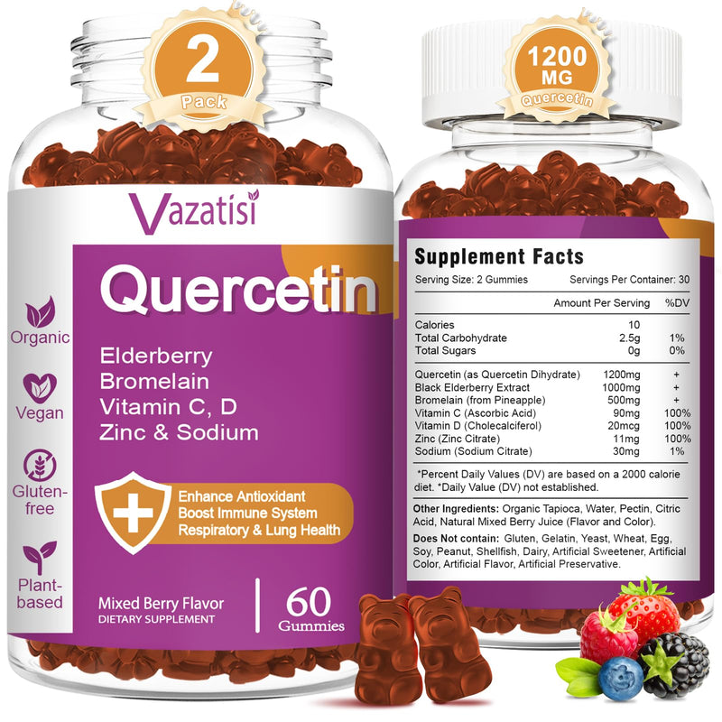 [Australia] - Quercetin Gummies, Quercetin with Vitamin C Zinc, Bromelain, Elderberry and Vitamin D, Immune Support Adults Kids, Women Men 120 Gummies Chewable 60 Count (Pack of 2) 