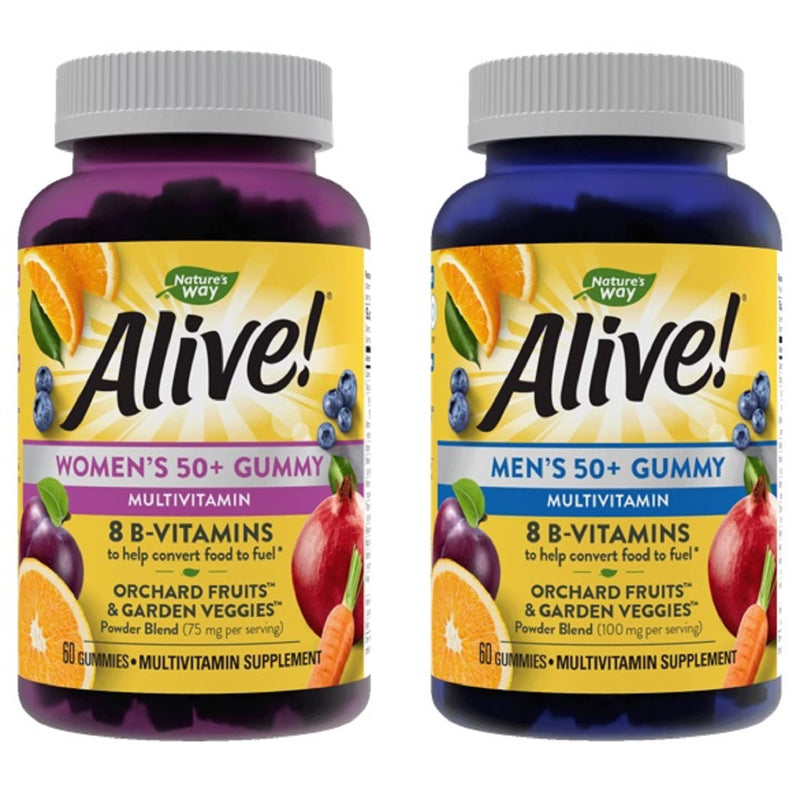 Nature's Way Alive! Women’s and Men’s 50+ Gummy Multivitamins, B-Vitamins, Delicious Flavors, 60 Gummies Per Bottle