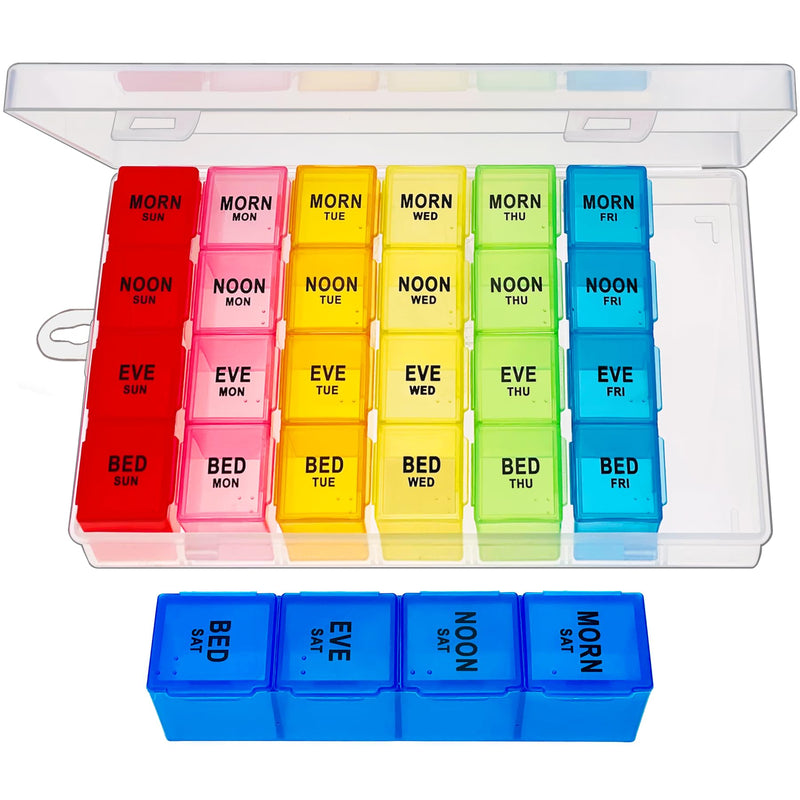 ZVZM Weekly Pill Organizer 4 Times a Day, Medicine Organizer Box, Travel Daily Pill Box Organizer 7 Day, Pill Case, Pill Container Holder for Hold Vitamins/Fish Oils. White