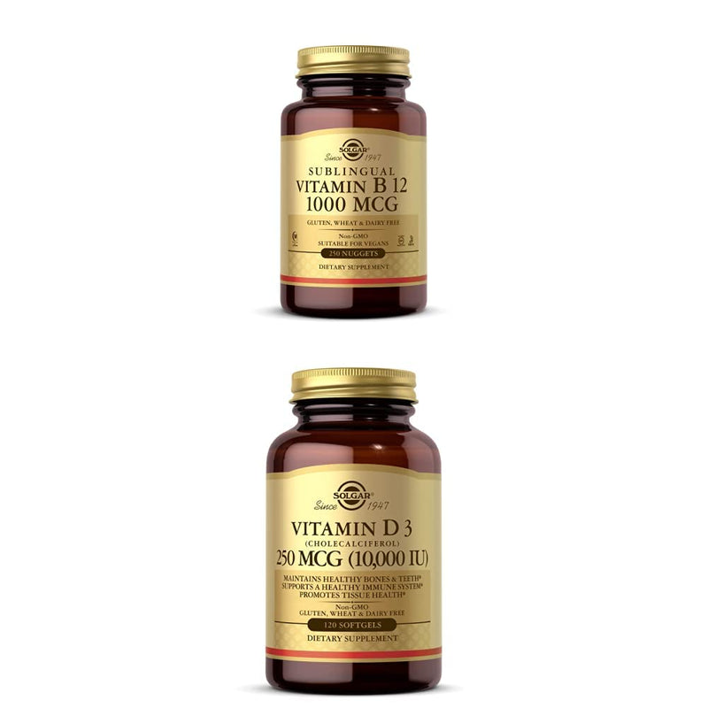 Solgar Vitamin B12 1000 mcg, 250 Nuggets - Healthy Nervous System - Promotes Cardiovascular Health Vitamin D3 (Cholecalciferol) 250 MCG (10,000 IU), 120 Softgels - Immune System Support